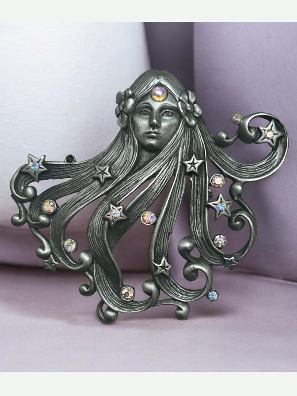 Vintage Signed JJ Pewter AB Rhinestone Boho Art Nouveau Brooch